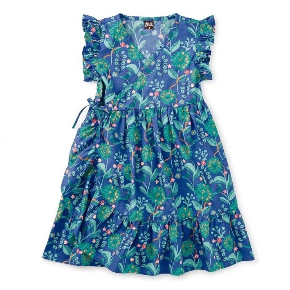 Tea Collection Dress Girls Size 10 Blue Wrap Dress Birds Ruffle Sleeves Cotton